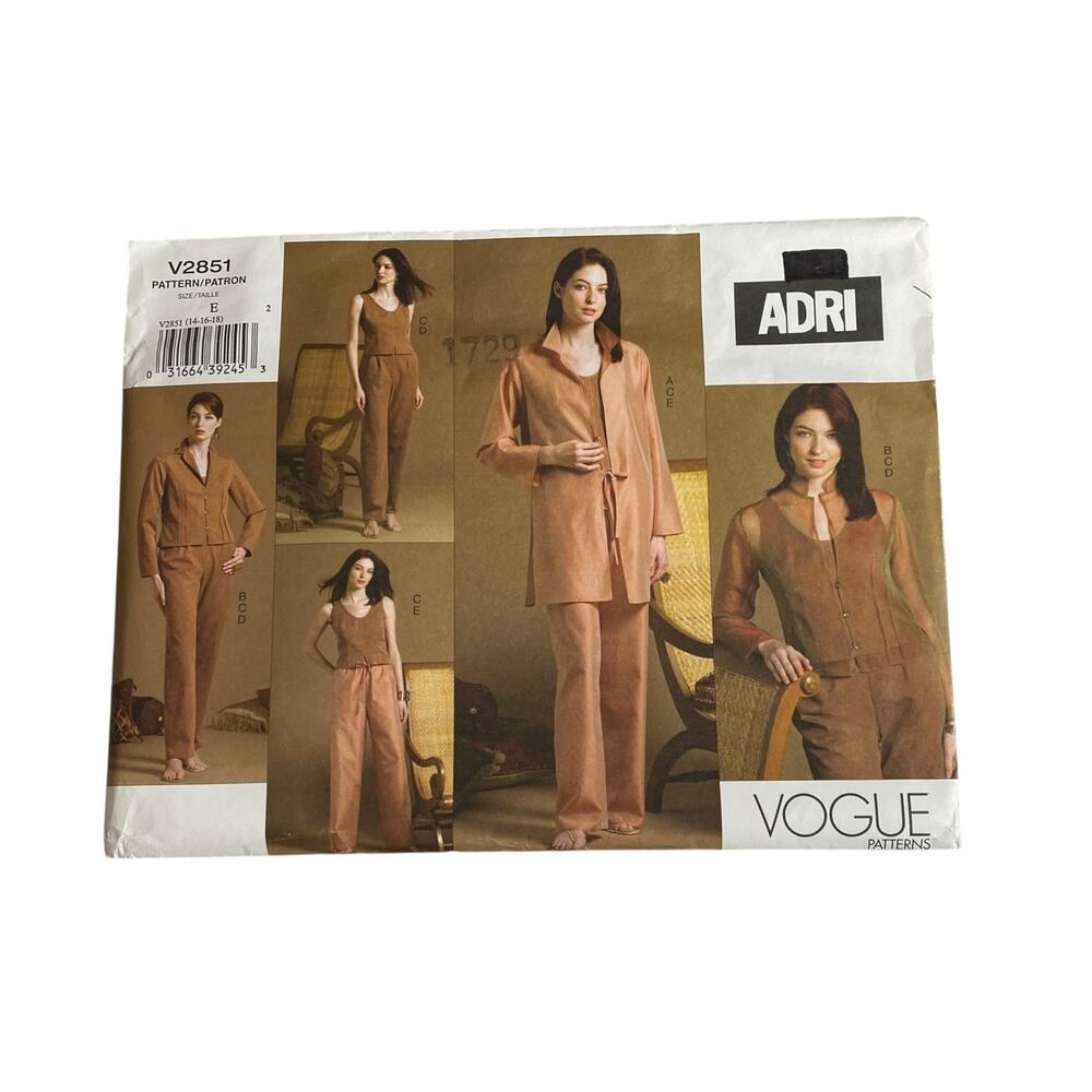 Vogue V2851 ADRI Sewing Pattern Shirt Jacket Top Pants 14 16 18 Uncut